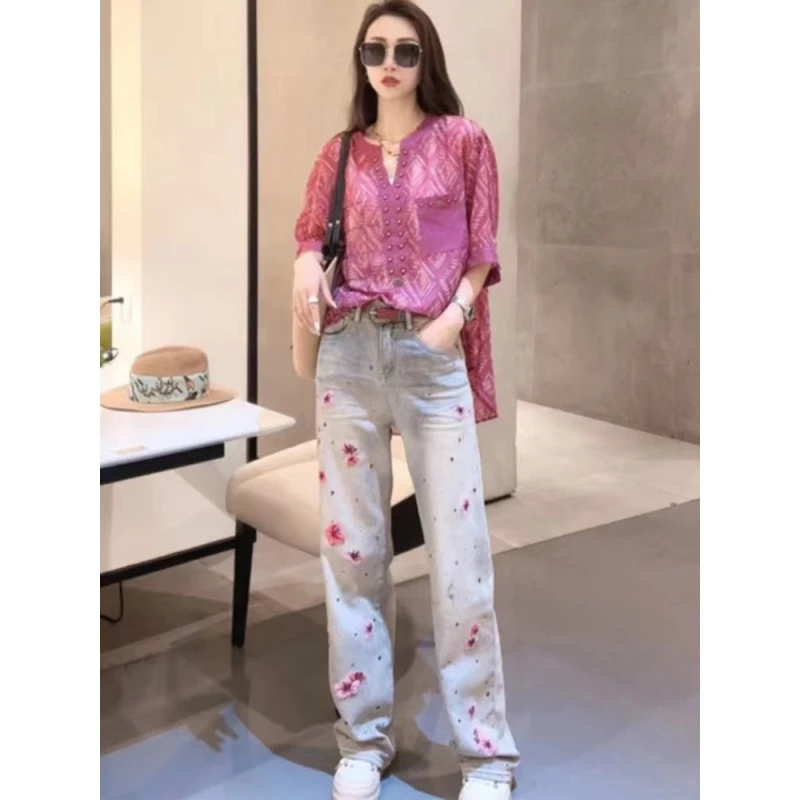 夏夏专属【樱花映雪】欧货2025新款重工樱花刺绣牛仔裤女高腰显瘦时