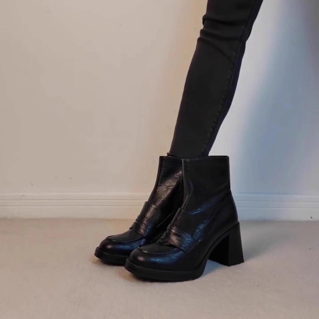 全羊皮~2025新款法式复古方头英伦风方头低跟短靴气质百搭时装靴