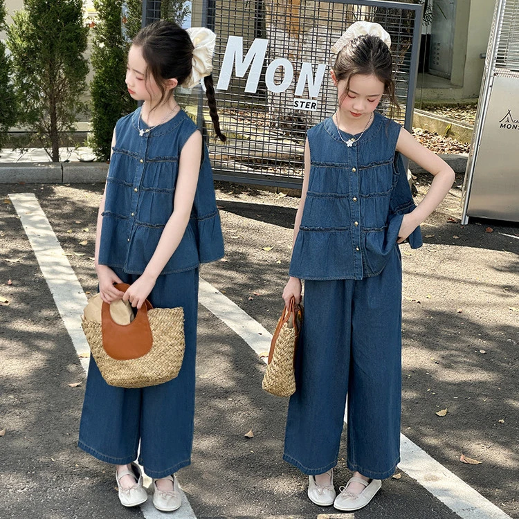 女童牛仔套装夏装2025新款薄款气质韩版潮儿童娃娃衫阔腿裤两件套