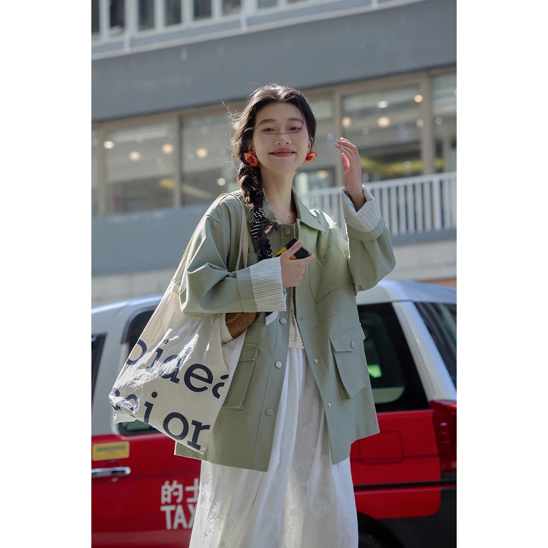 觅定绿色夹克外套女中长款2025新款休闲韩系宽松早春上衣DS11178