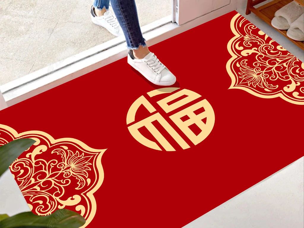 177家用红色喜庆新年入户门垫中式防滑吸水裁剪耐脏卫生间浴室