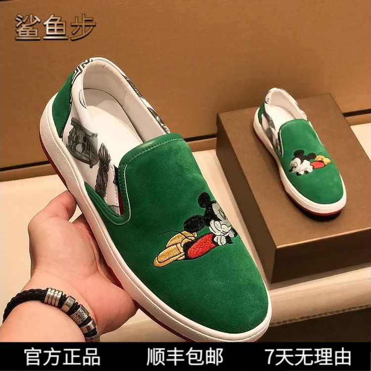 鲨鱼步轻奢红底男鞋一脚蹬乐福鞋男士2025新款磨砂皮米奇刺绣潮鞋