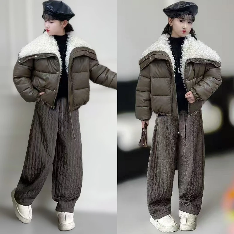 女童棉服冬季2025新款冬装外套洋气儿童翻领小羊皮棉衣加厚棉袄潮