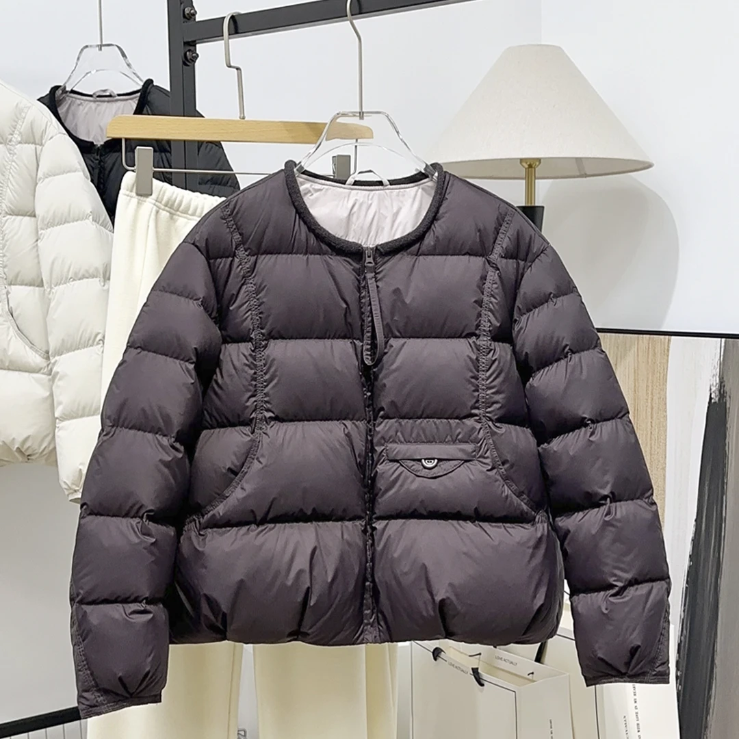 圆领拉链设计感短款韩版保暖纯色小个子宽松针织拼接羽绒外套秋冬