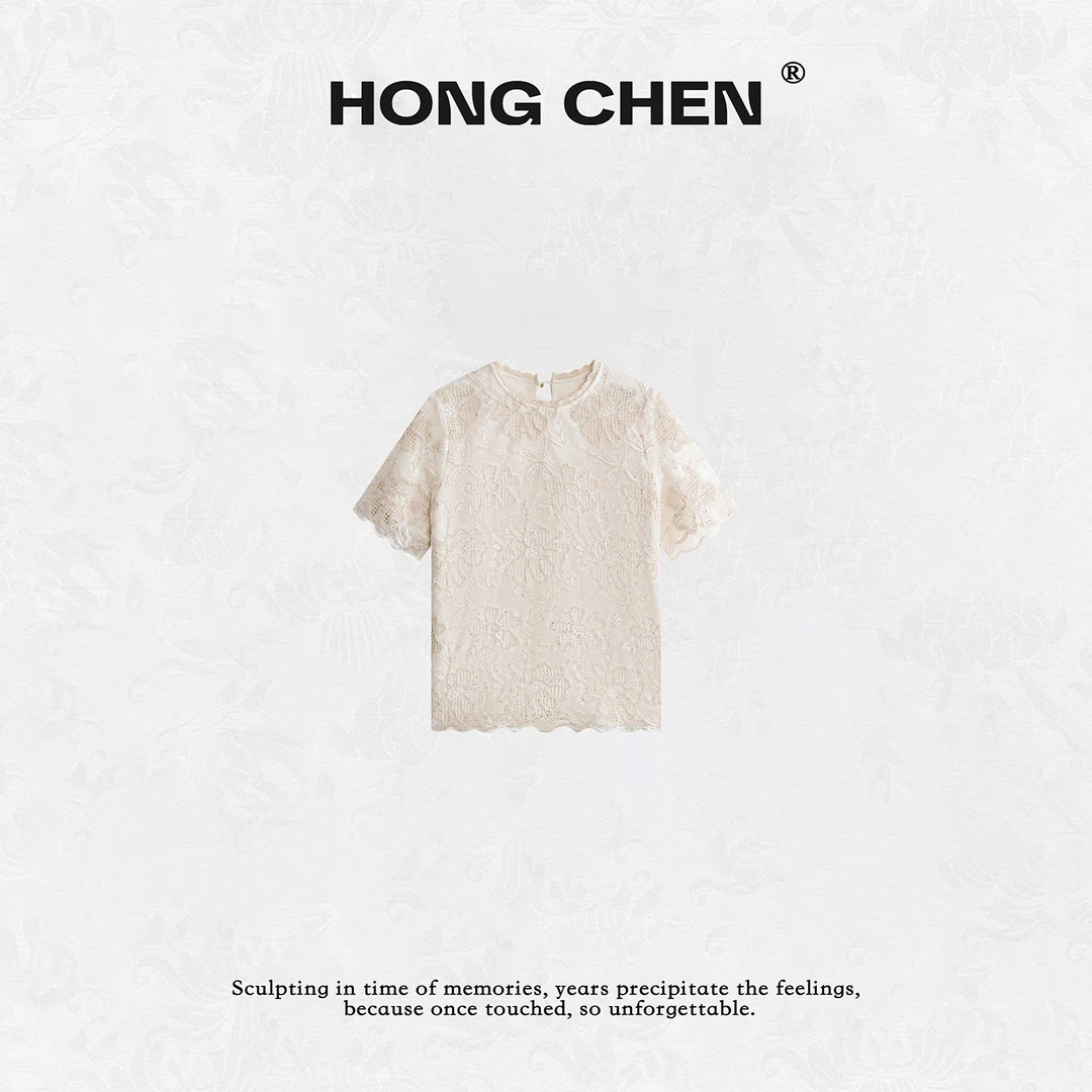 【虹辰】高端时尚设计感镂空蕾丝高级优雅精致花边圆领短袖--HC2350