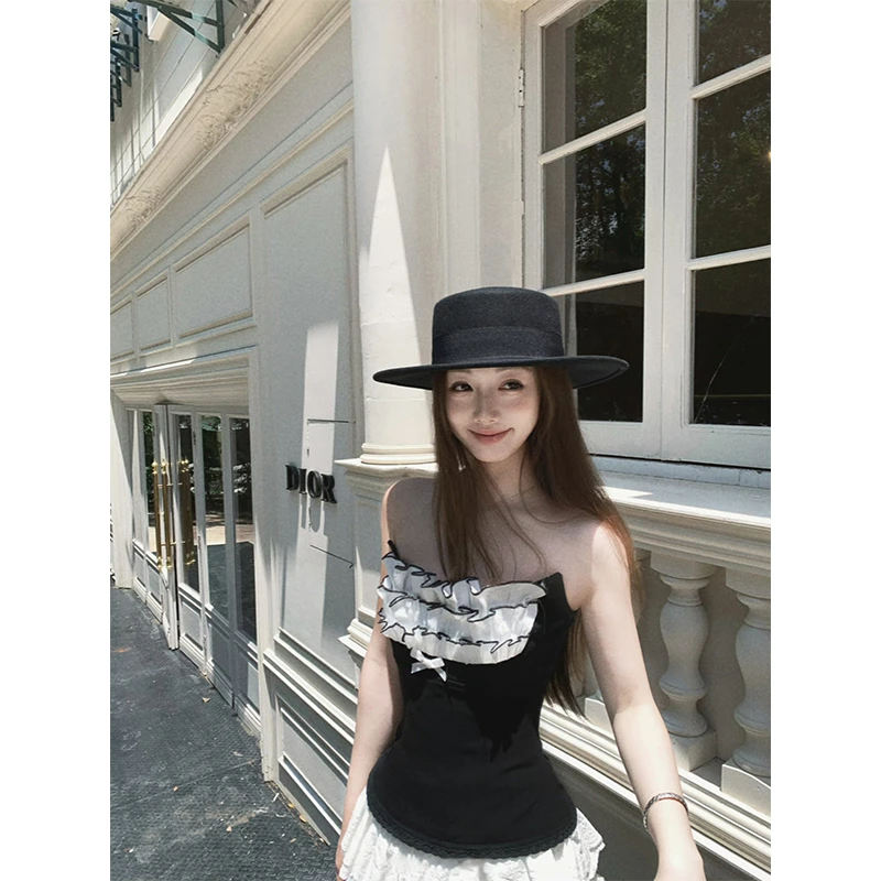 2025夏季新款纯欲甜美风设计感拼接无袖抹胸上衣女配高腰半身裙