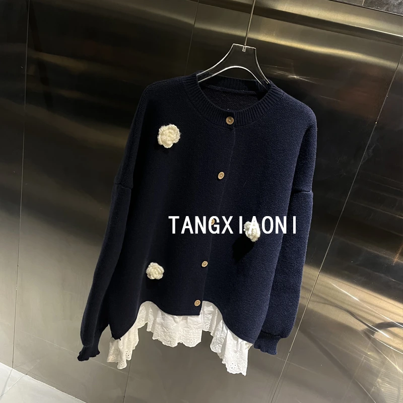 2店 加大版 手工藏青小花 拼接蕾丝开衫