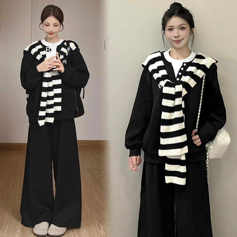 秋季孕妇装韩版显瘦洋气女初秋黑色小衫阔腿裤黑白条纹披肩两件套