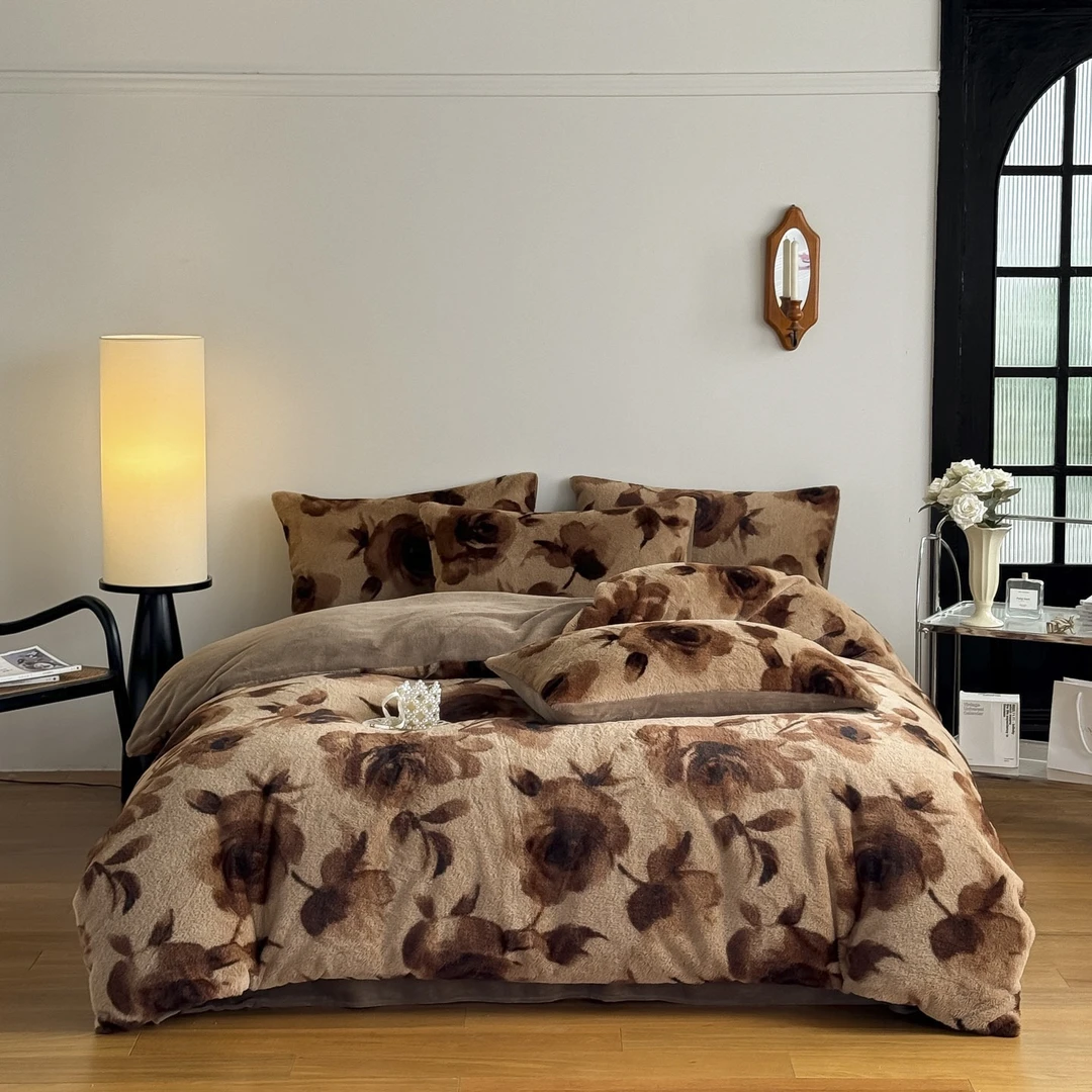 花优美拉德仿兔绒四件套床上用品床单被套枕套秋冬保暖床品高颜值