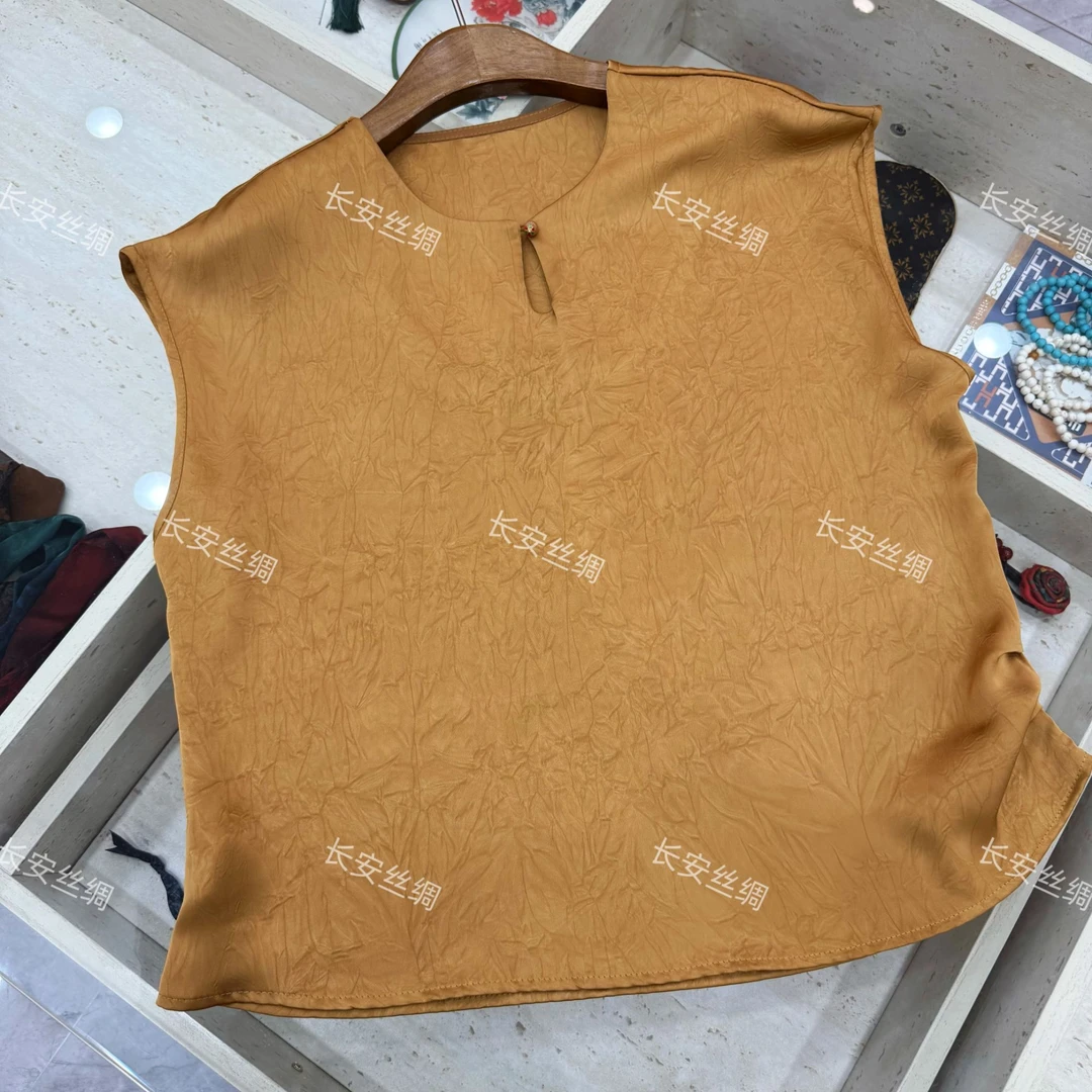 【长安】金色醋酸女2025新款新中式国风掐褶短袖上衣FY5052508