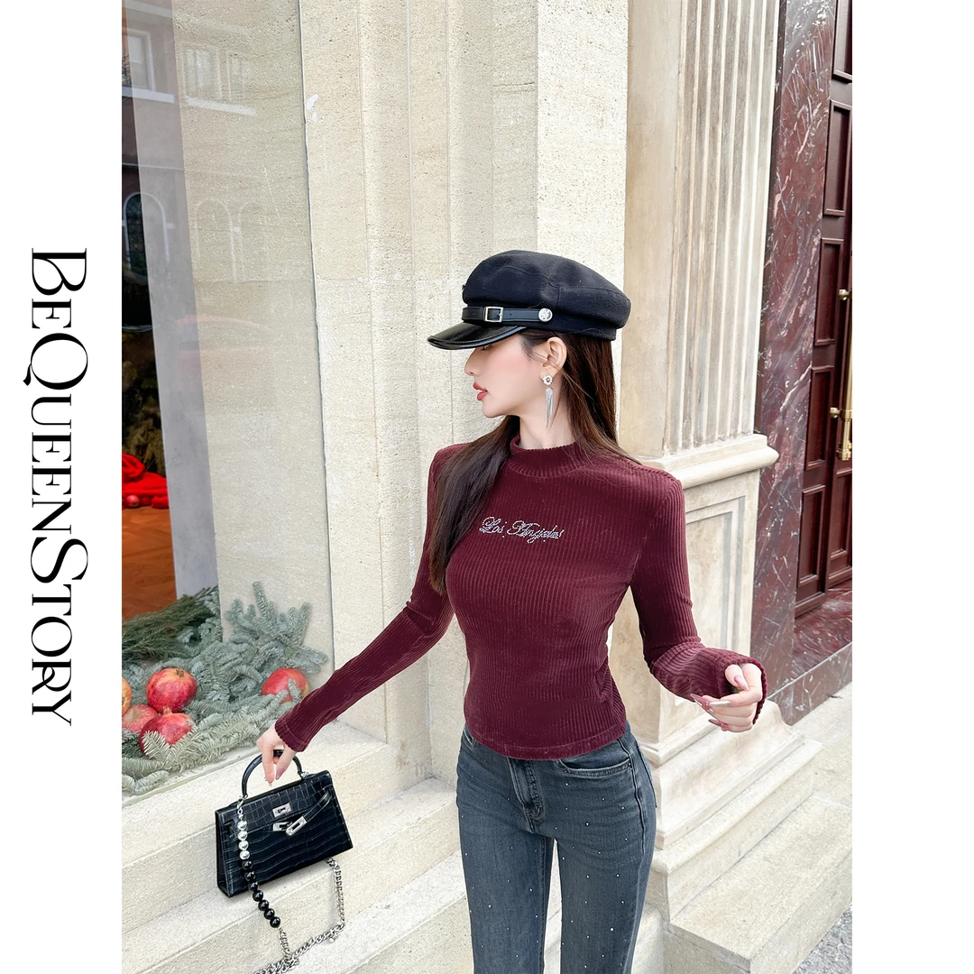 余潇潇【朗姆曲线】气质显瘦柔软灯芯绒烫钻半高领修身上衣女