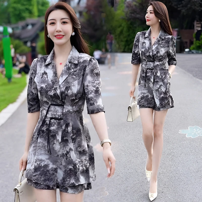 新中式国风短袖上衣套装女2025年夏装新款印花盘扣透气短裤两件套