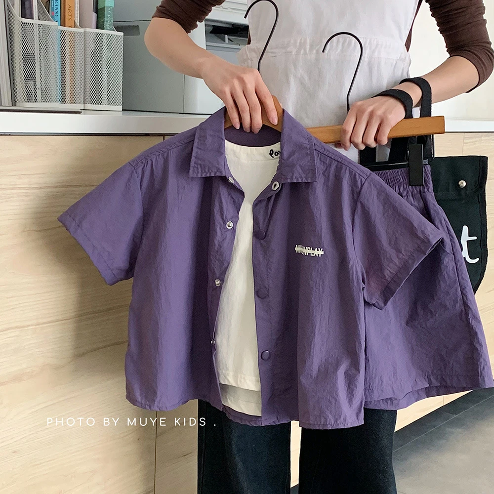 my7711简约童装男女童韩版单排扣翻领短袖衬衣短裤