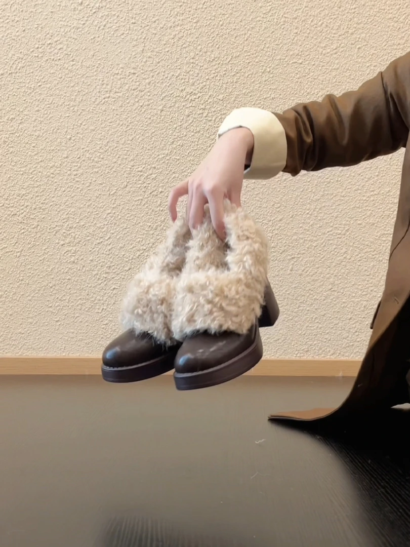 Pokoy-7cm设计感小个子百搭圆头通勤超轻粗跟防水台毛毛鞋