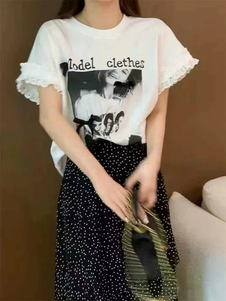 【婷姐家】5880欧货法式洋气蝴蝶结蕾丝短袖T恤宽松遮肚子袖子花边