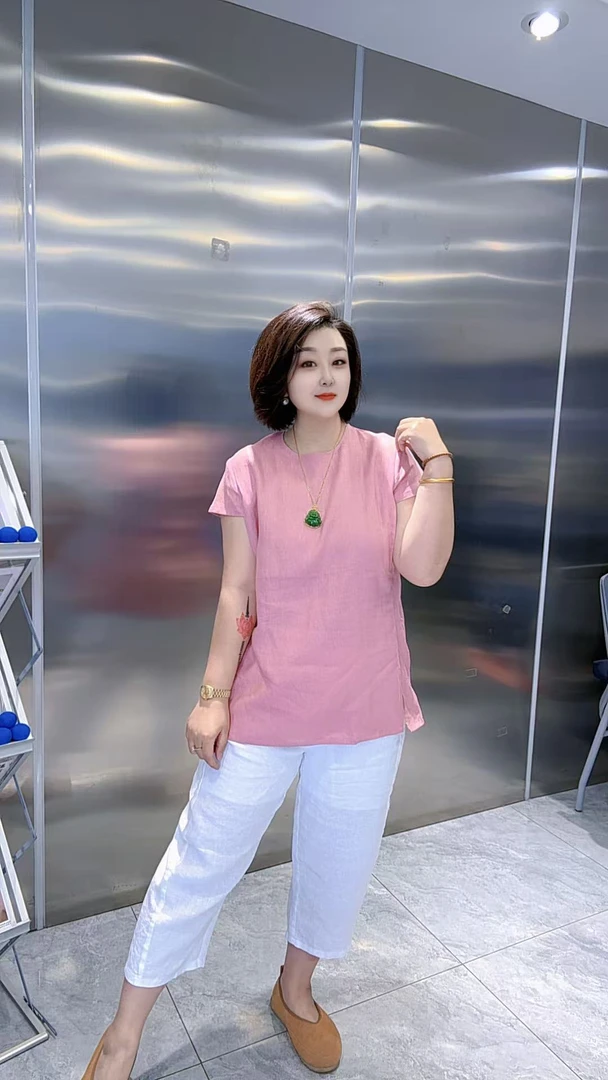 【聪姐推荐】6535高级感包袖圆领侧开叉时尚半袖（衣长78，胸围124）