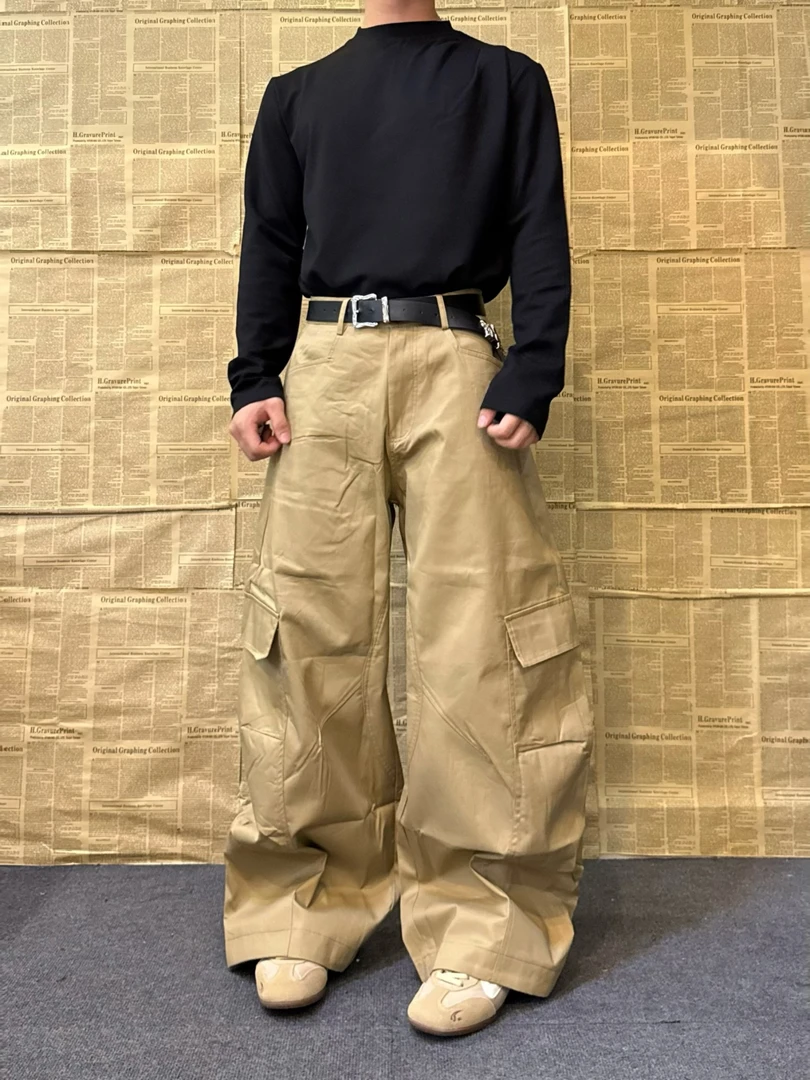 YU811 美式多口袋卡其色弯刀裤男女解构褶皱宽松直筒工装裤休闲裤