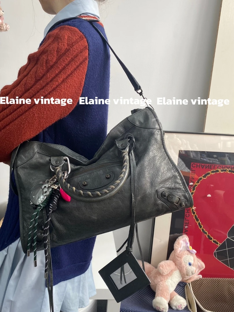 95新 Balenciaga/巴黎世家 【芳】灰绿色中号机车包(37cm)