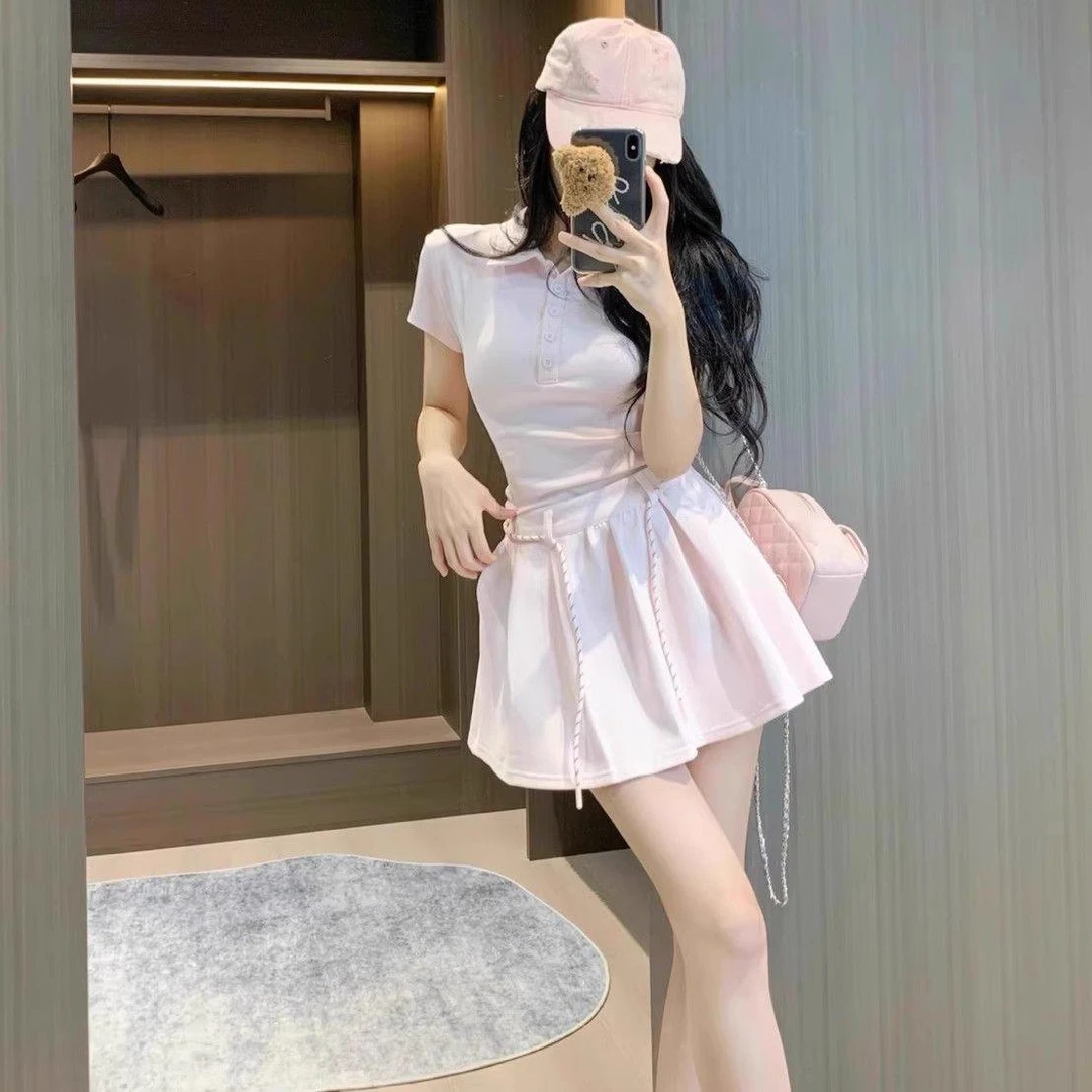 韩系小香风套装裙女夏季新款polo领短袖休闲运动半身短裙两件套装