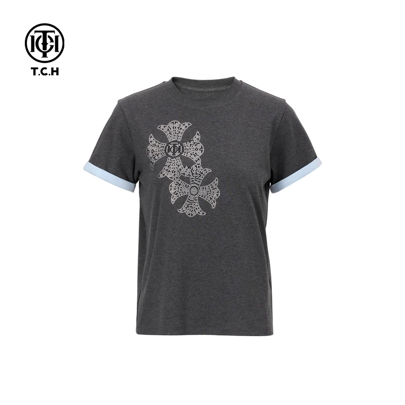 TCH复古重工正肩圆领短袖T恤女烫钻休闲百搭时尚上衣2025春夏新款