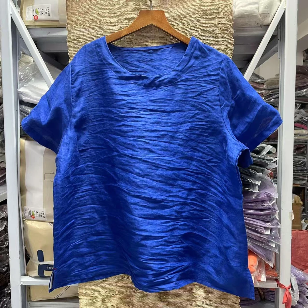 亚麻纯色短袖上衣