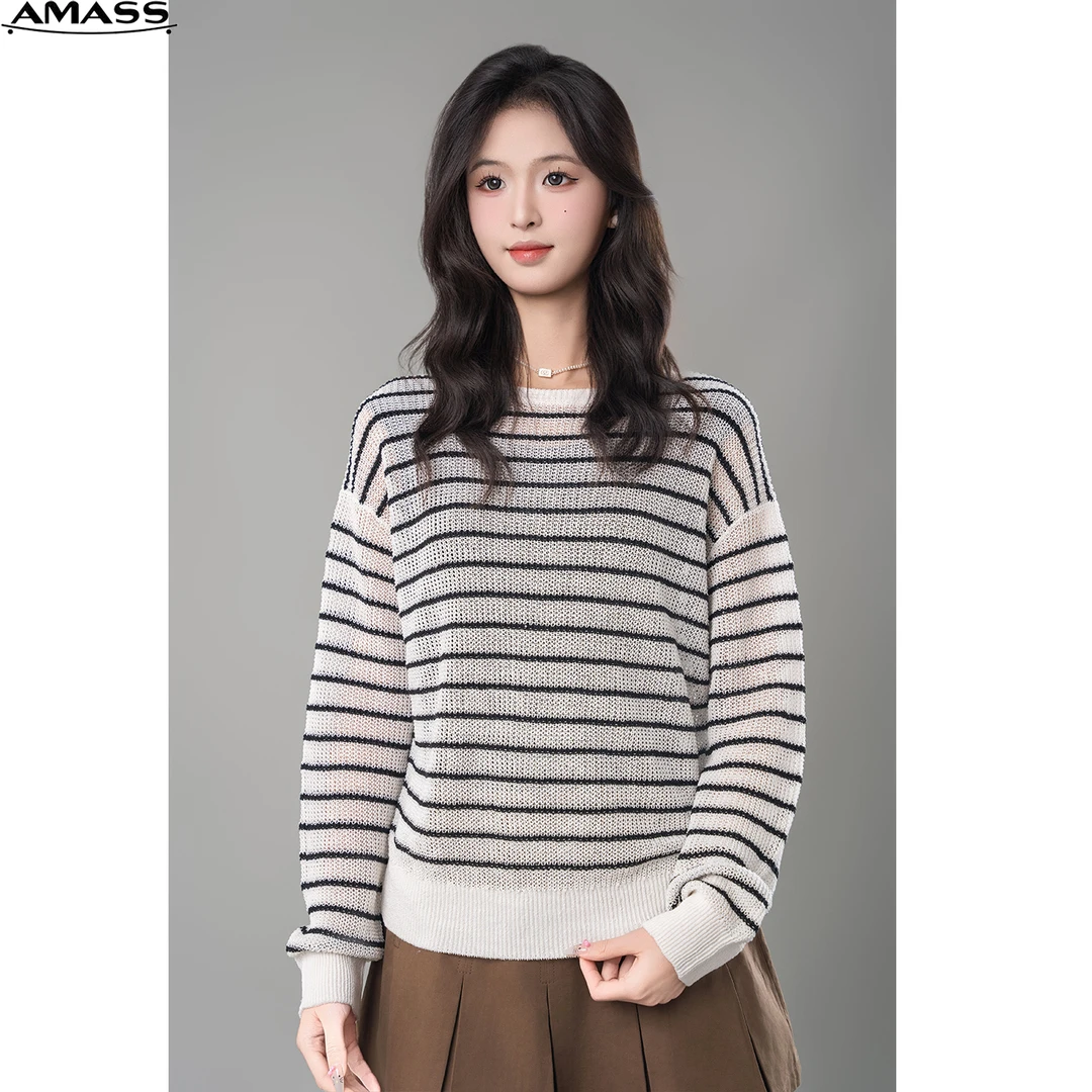 AMASS/阿玛施早春新款时尚气质条纹经典宽松圆领针织上衣女538021