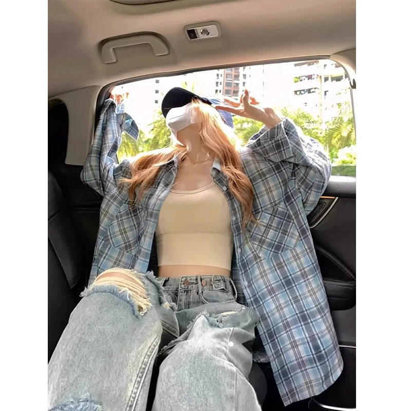 美式复古蓝色格子衬衫女春韩系慵懒风设计感防晒长袖衬衣宽松外套