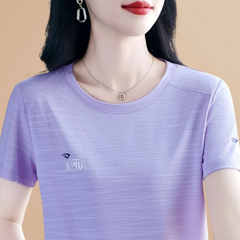 冰丝短袖女t恤2025新款夏装薄款上衣时尚中年运动服圆领透气小衫