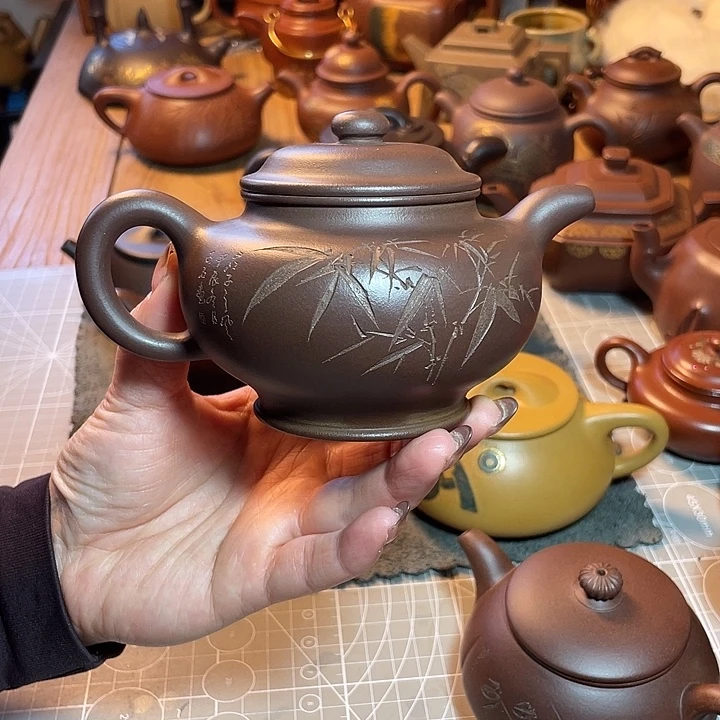 茶壶紫砂老紫泥掇只刻绘