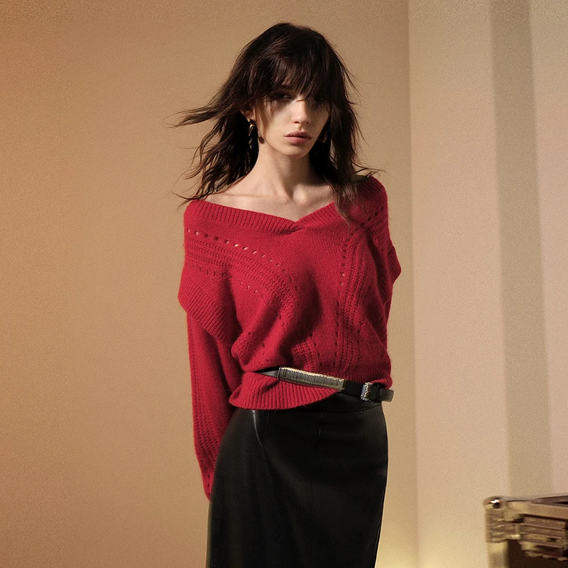 IRO Night 红色针织毛衣飞肩镂空圣诞新年法式轻奢25早春新款