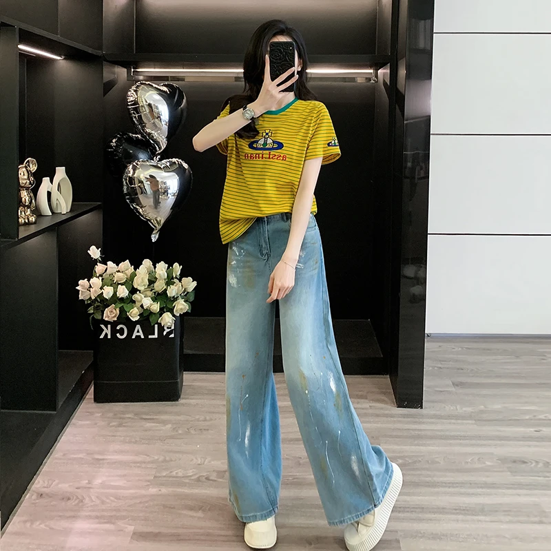 撞色条纹短袖T恤女宽松显瘦圆领上衣涂鸦阔腿牛仔裤窄版直筒长裤