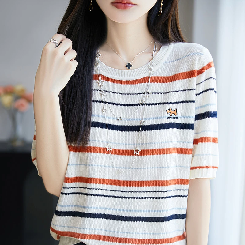 夏季女薄款100莱赛尔天丝条纹圆领中袖针织衫打底上衣短袖NSY021