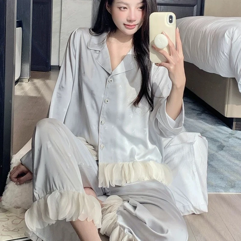 2025新款冰丝睡衣女士长袖高级感法式印花冰雪丝花边家居服两件套