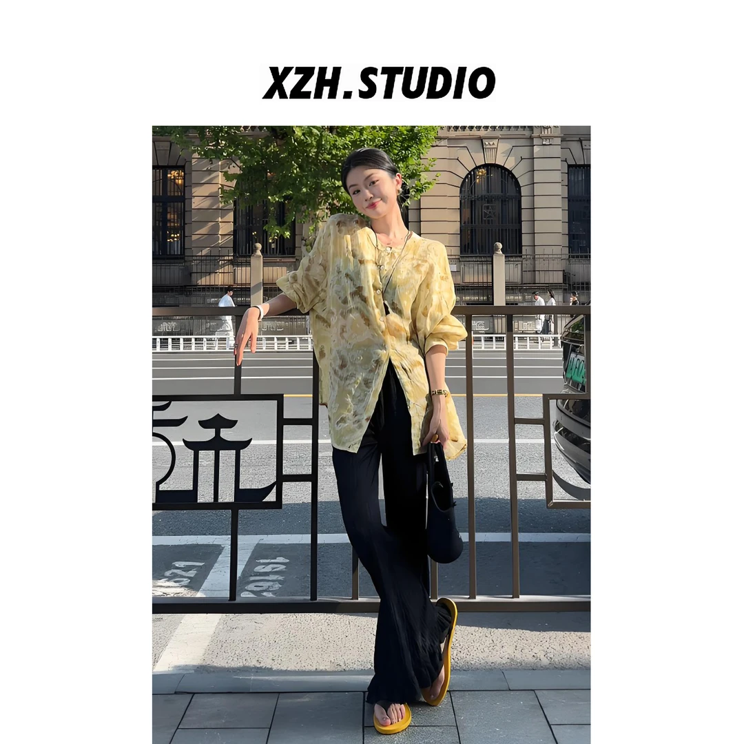 徐子涵ZIHAN 夏款复古印花衬衫轻苎麻假风显瘦圆领通勤衬衫上衣女