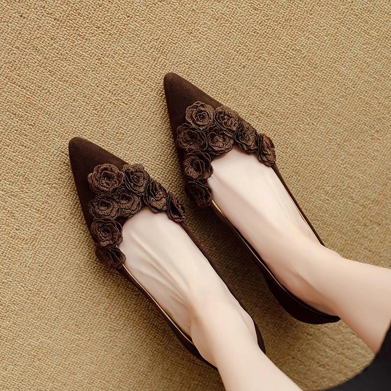 超软小羊皮~不累脚~绝美花朵名媛小高跟鞋尖头细跟单鞋真皮女鞋子