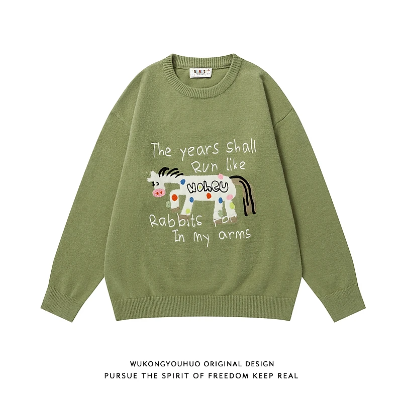 悟空有货秋季复古刺绣提花慵懒风毛衣男女宽松情侣休闲百搭针织衫