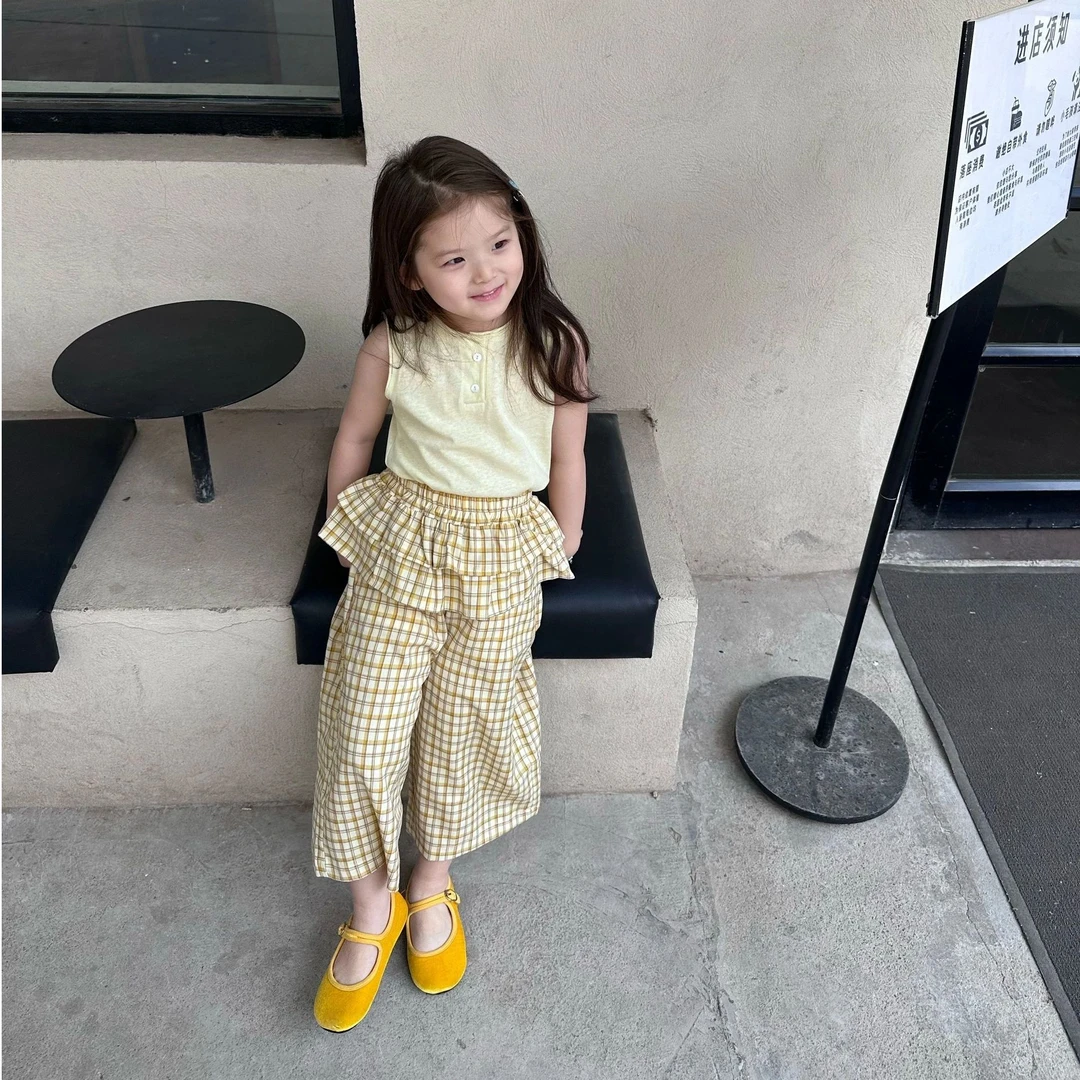 壹妈女童夏装套装2025新款洋气韩版休闲黄色背心格子屁帘裤两件套
