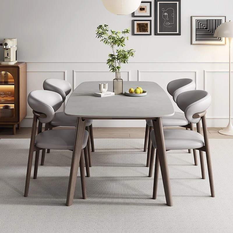 实木北欧岩板餐桌家用长方形现代简约小户型轻奢餐桌椅组合饭桌子