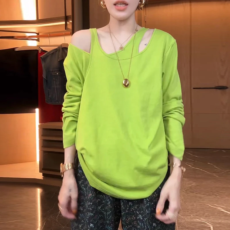 多巴胺假两件露肩长袖t恤女2025春秋新款时尚百搭显瘦打底衫上衣
