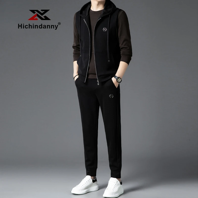 HICHIN卫衣运动套装男士春秋季新款时尚连帽马甲休闲长裤三件套