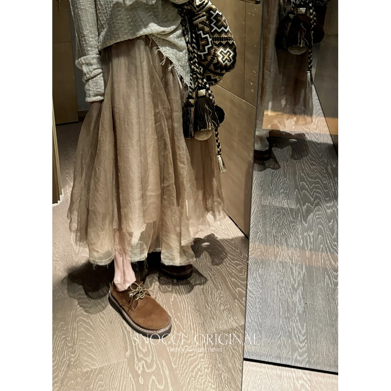 钱美西 网纱仙女裙 春秋高级感抽绳松紧腰a字中长款半身裙女