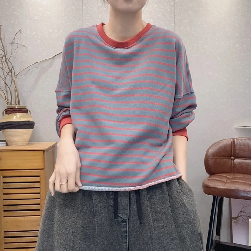 【云吖】春款休闲百搭炒色条纹毛圈棉圆领卫衣