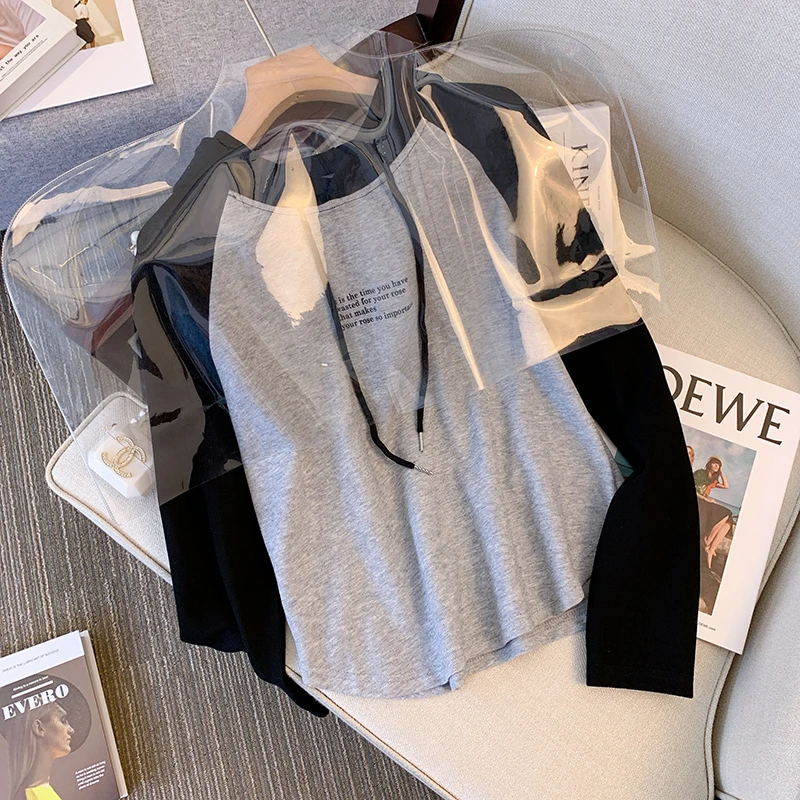 3587大码女装胖妹妹百搭宽松撞色字母印花设计连帽长袖上衣2305