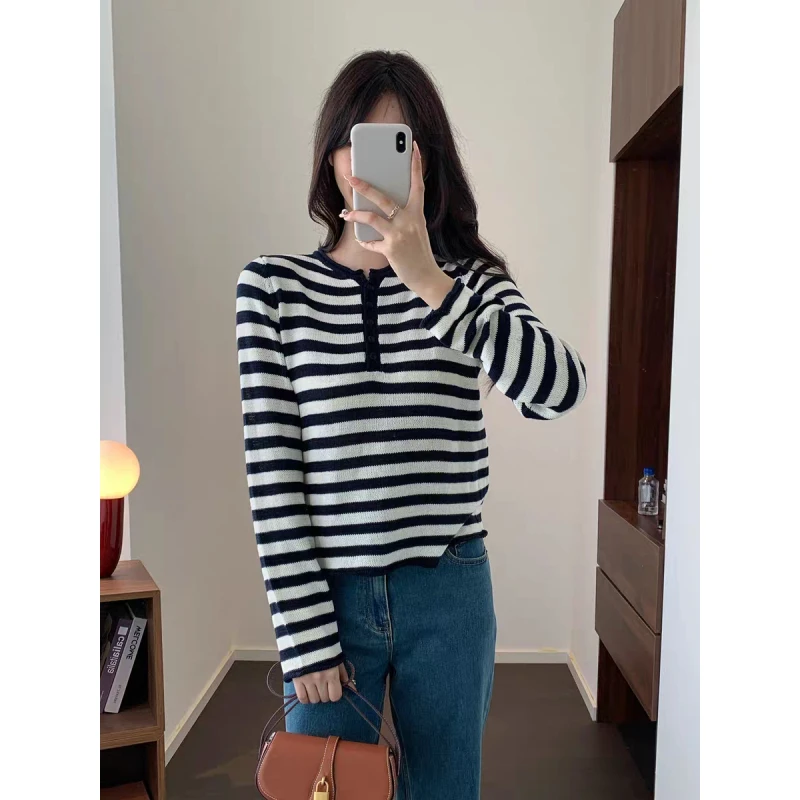 清新气质！撞色条纹法式半开襟套头显瘦打底针织衫31854