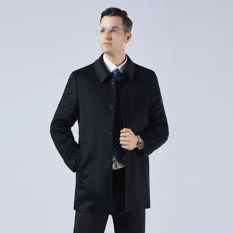 【全山羊绒】男士夹克风衣冬季中长休闲翻领保暖时尚大衣外套加厚