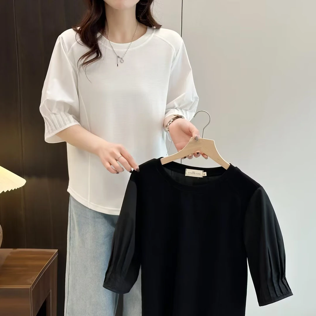 大码女装夏季短袖胖mm休闲宽松显瘦T恤纯色拼接五分袖上衣8505