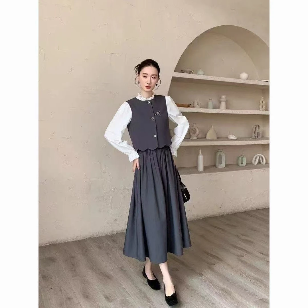 学院风法式宫廷风蝴蝶结装饰马甲半裙套装女气质显瘦时尚两件套