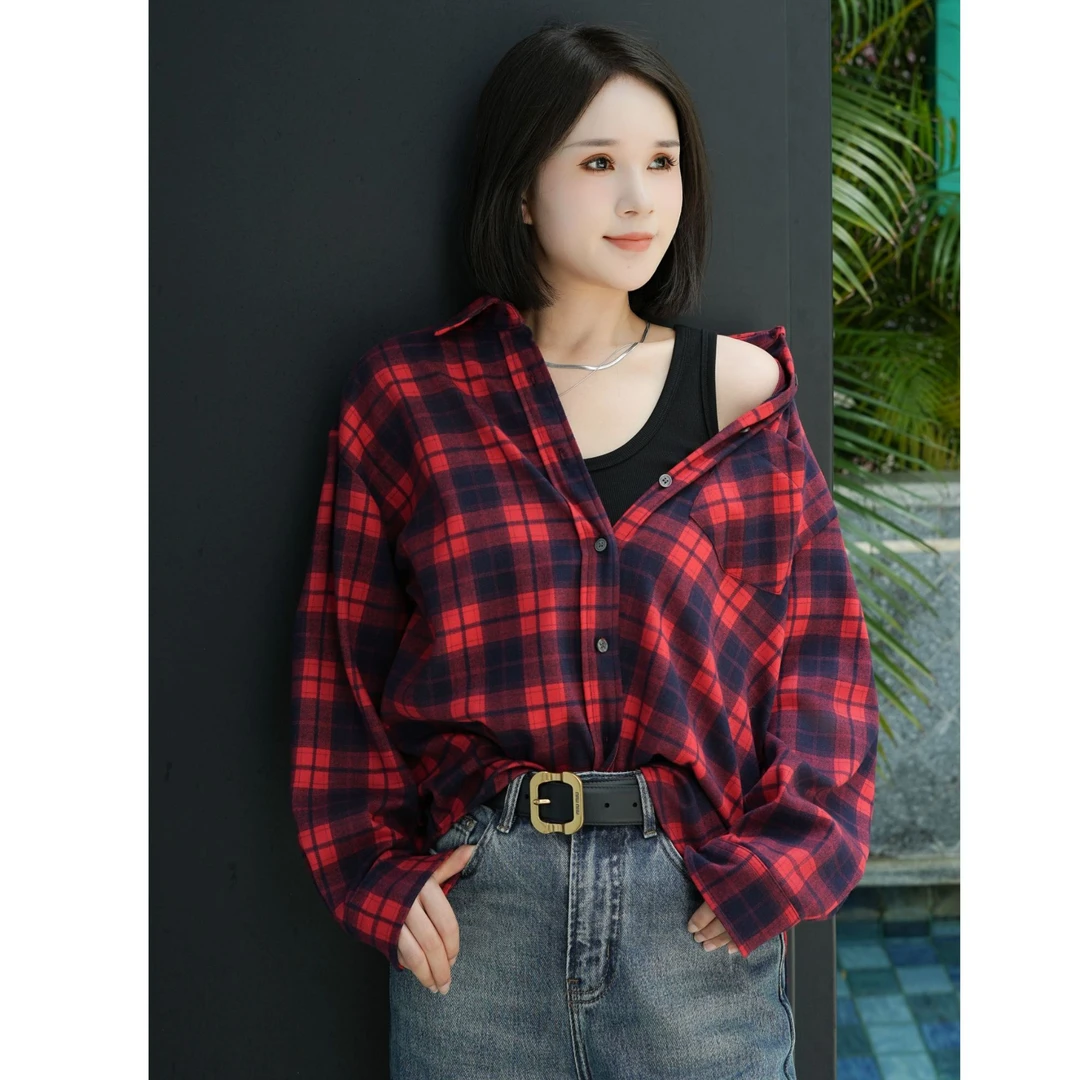 EMMA WINI奢品磨毛抗皱免打理厚款秋冬季格子外套女宽松衬衫长袖