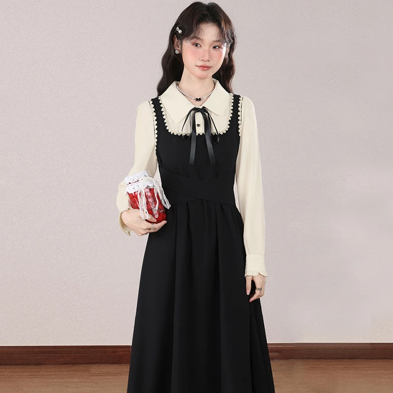 假两件学院风衬衫连衣裙2025新款气质减龄长袖女装显瘦裙子秋2941