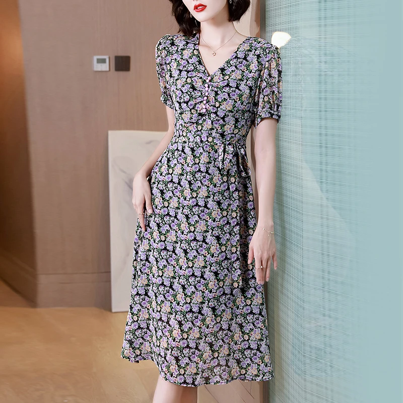 【品牌特价】70093碎花连衣裙女夏性感V领轻熟风中长款雪纺裙收腰潮